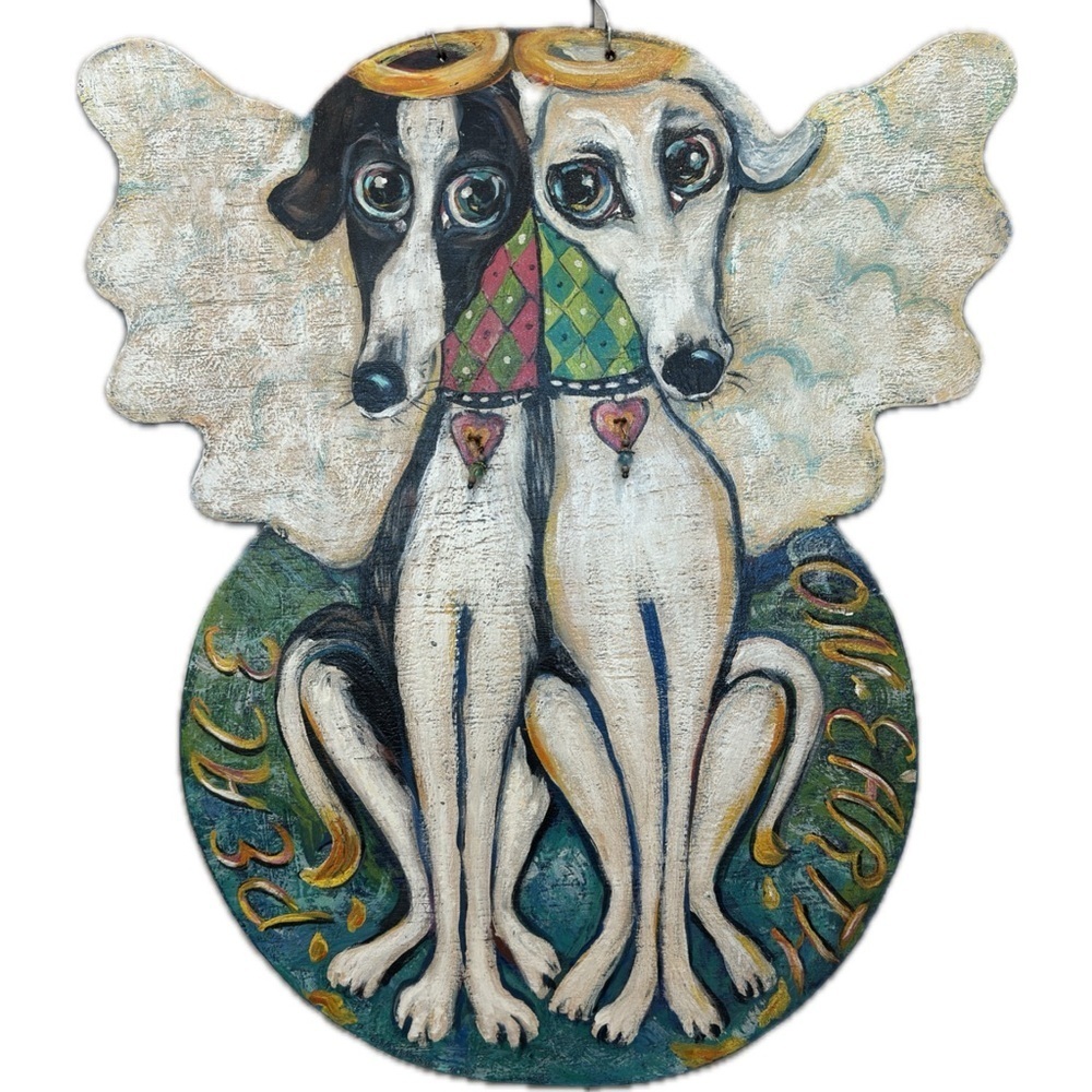 Whippet Greyhound IG Sighthound Angels Hand Painted Wooden Hanging